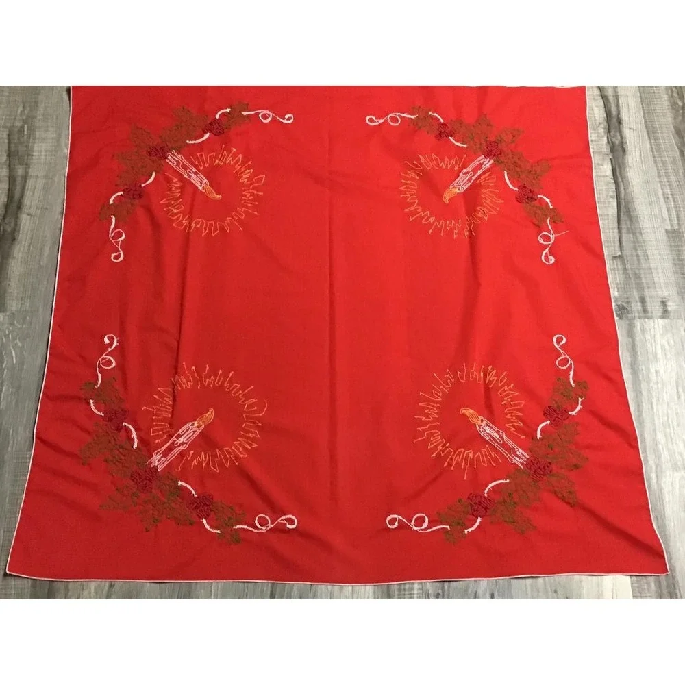 VTG 50's Christmas Tablecloth Red Embroidered Candles Holly 42x42 MCM Whimsical